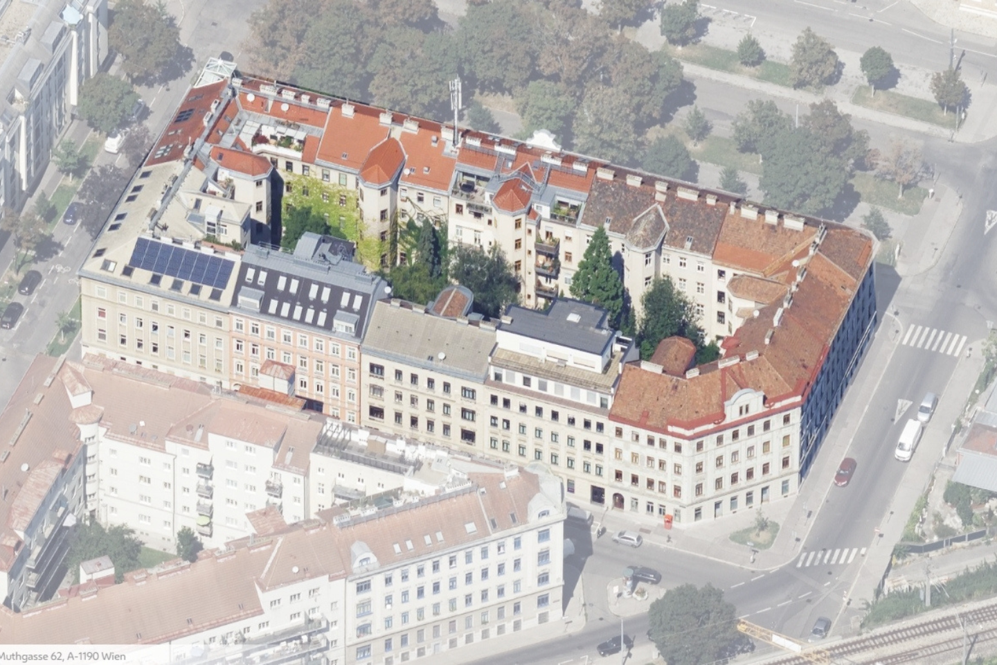 Luftansicht eines WieNeu-Blocks mit Hervorhebung
